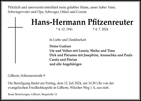 Traueranzeige von Hans-Hermann Pfitzenreuter von Aller Zeitung
