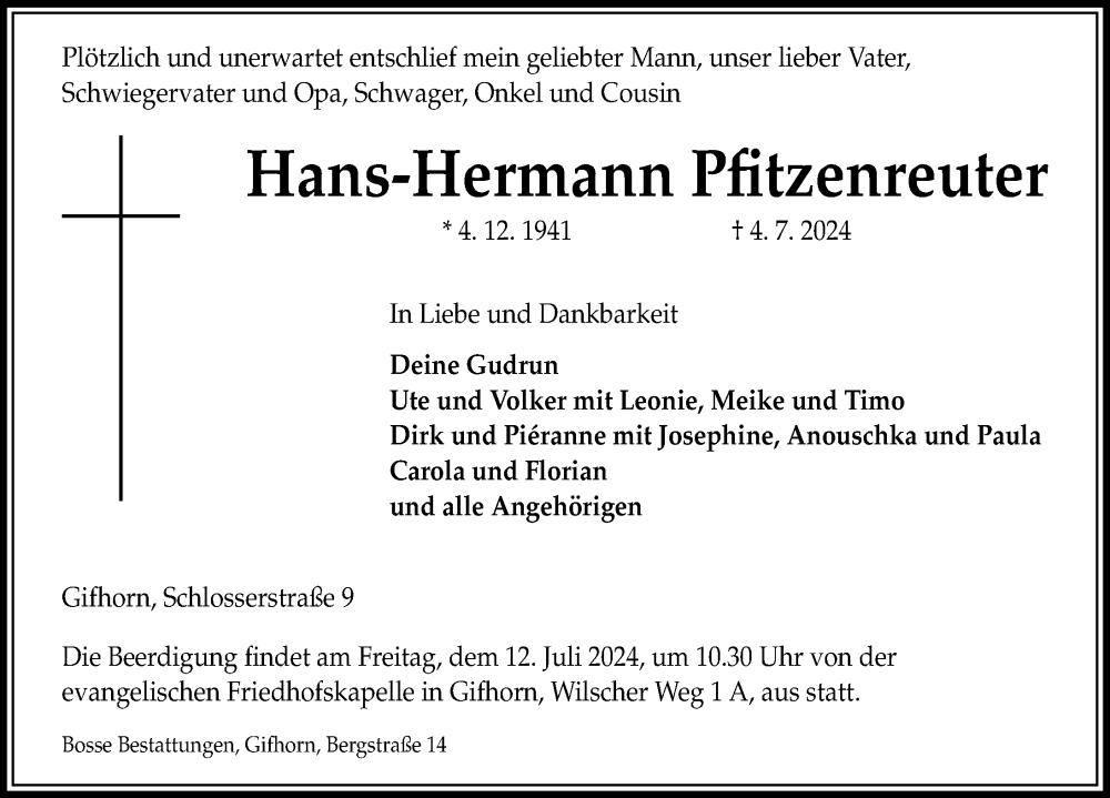  Traueranzeige für Hans-Hermann Pfitzenreuter vom 09.07.2024 aus Aller Zeitung