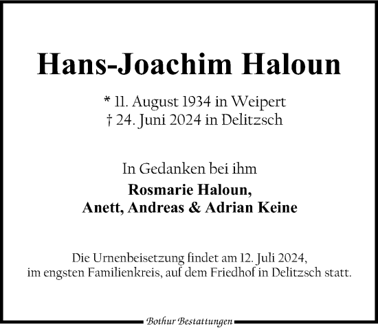 Traueranzeige von Hans-Joachim Haloun von Leipziger Volkszeitung