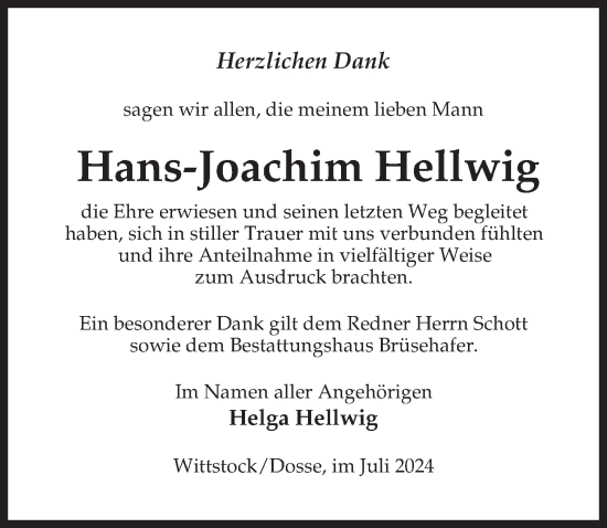 Traueranzeige von Hans-Joachim Hellwig von Wochenspiegel