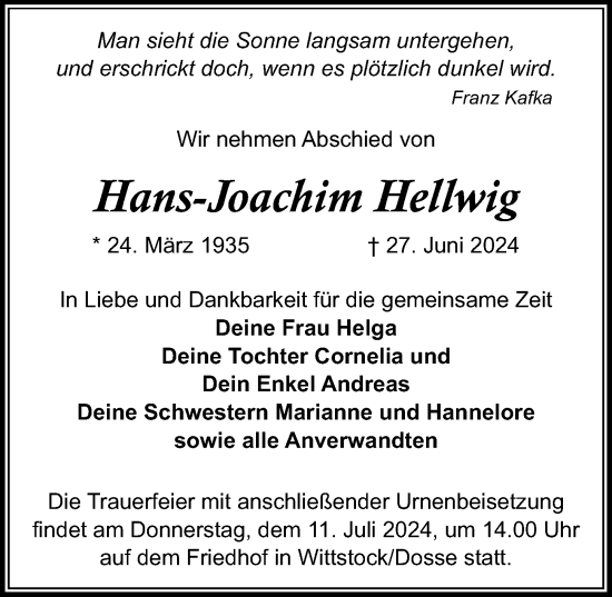 Traueranzeige von Hans-Joachim Hellwig von Wochenspiegel