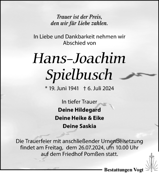 Traueranzeige von Hans-Joachim Spielbusch von Leipziger Volkszeitung
