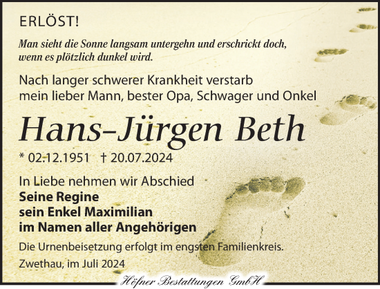 Traueranzeige von Hans-Jürgen Beth von Torgauer Zeitung