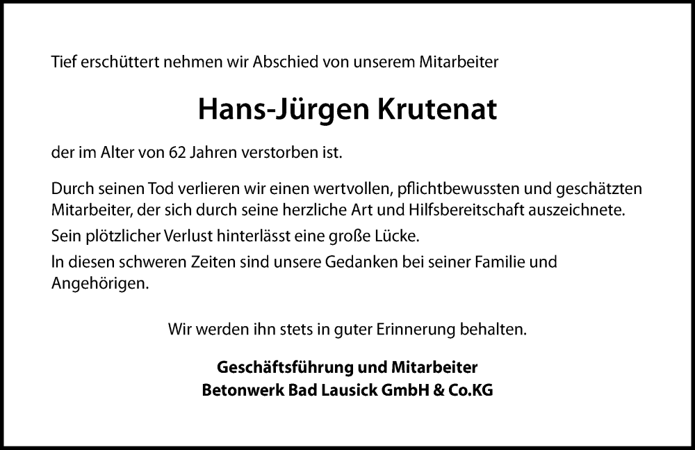  Traueranzeige für Hans-Jürgen Krutenat vom 06.07.2024 aus Leipziger Volkszeitung