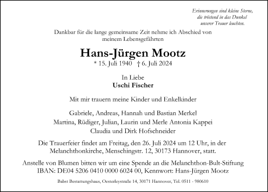 Traueranzeige von Hans-Jürgen Mootz von Hannoversche Allgemeine Zeitung/Neue Presse