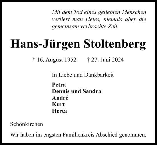 Traueranzeige von Hans-Jürgen Stoltenberg von Kieler Nachrichten