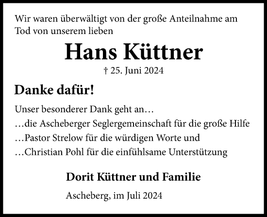Traueranzeige von Hans Küttner von Kieler Nachrichten