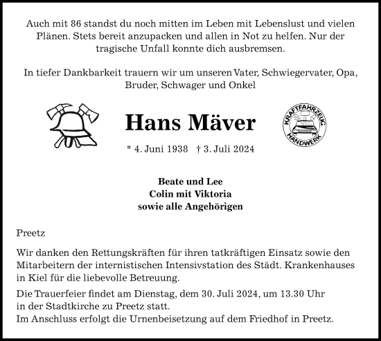 Traueranzeige von Hans Mäver von Kieler Nachrichten