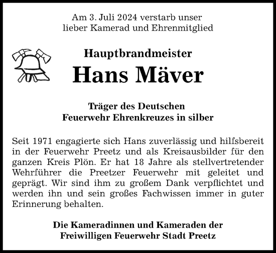 Traueranzeige von Hans Mäver von Kieler Nachrichten