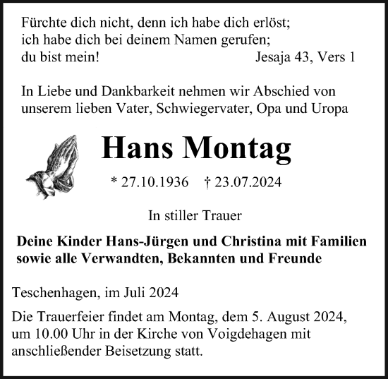 Traueranzeige von Hans Montag von Ostsee-Zeitung GmbH
