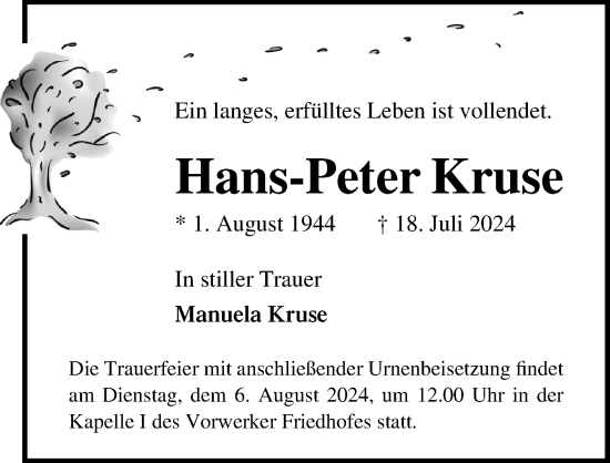 Traueranzeige von Hans-Peter Kruse von Lübecker Nachrichten