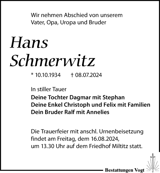 Traueranzeige von Hans Schmerwitz von Leipziger Volkszeitung