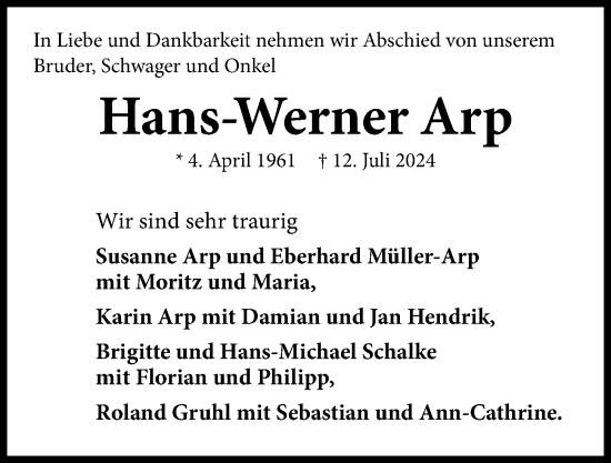 Traueranzeige von Hans-Werner Arp von Kieler Nachrichten