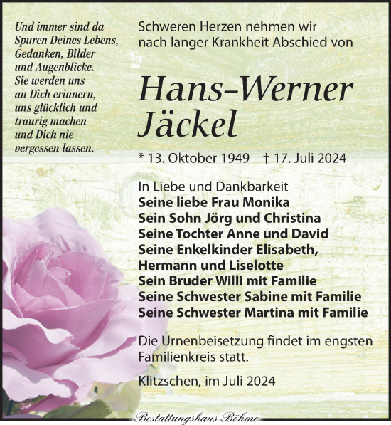 Traueranzeige von Hans-Werner Jäckel von Torgauer Zeitung