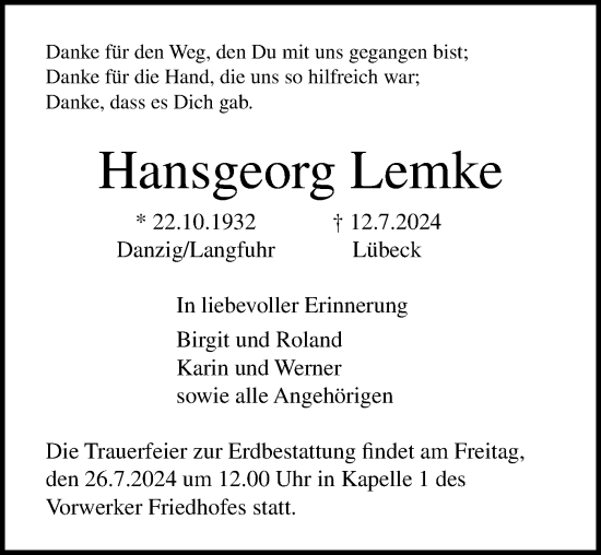 Traueranzeige von Hansgeorg Lemke von Lübecker Nachrichten