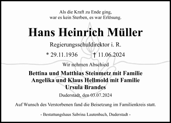 Traueranzeige von Hans Heinrich Müller von Göttinger Tageblatt