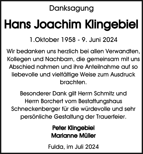 Traueranzeige von Hans Joachim Klingebiel von Göttinger Tageblatt