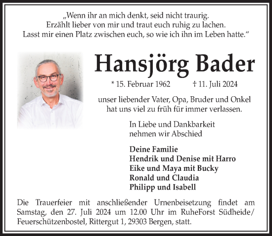 Traueranzeige von Hansjörg Bader von Hannoversche Allgemeine Zeitung/Neue Presse