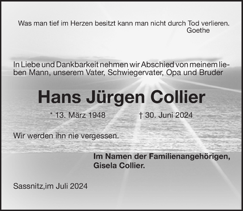  Traueranzeige für Hans Jürgen Collier vom 13.07.2024 aus Ostsee-Zeitung GmbH