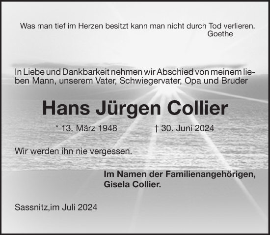 Traueranzeige von Hans Jürgen Collier von Ostsee-Zeitung GmbH