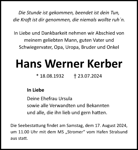 Traueranzeige von Hans Werner Kerber von Ostsee-Zeitung GmbH