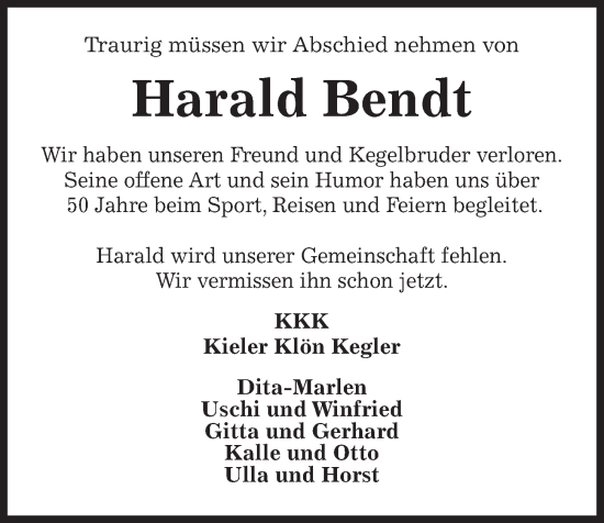 Traueranzeige von Harald Bendt von Kieler Nachrichten