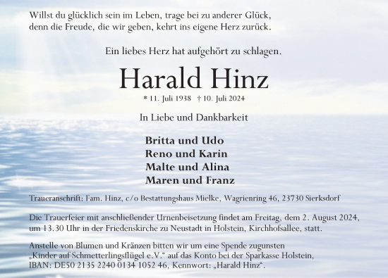 Traueranzeige von Harald Hinz von Lübecker Nachrichten