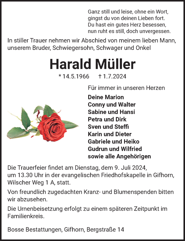  Traueranzeige für Harald Müller vom 04.07.2024 aus Aller Zeitung