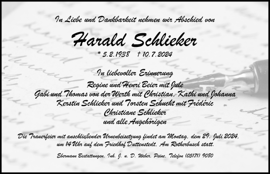 Traueranzeige von Harald Schlieker von Peiner Allgemeine Zeitung