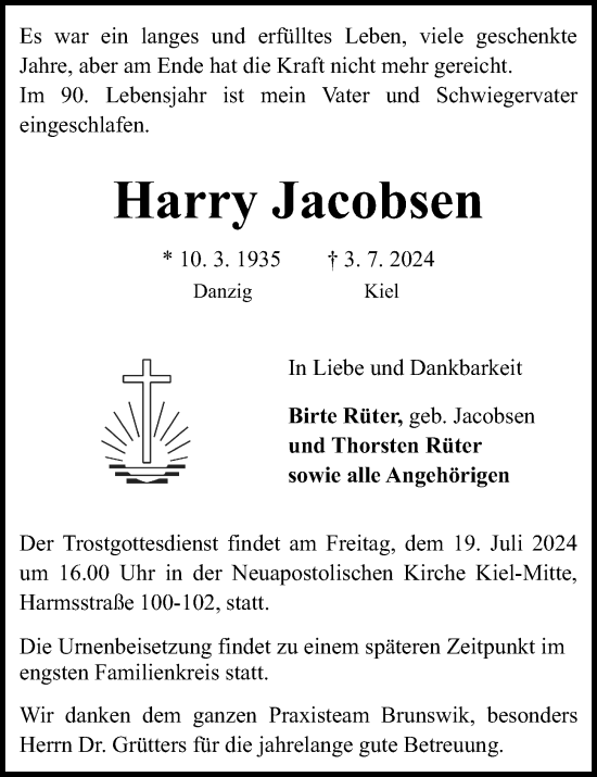 Traueranzeige von Harry Jacobsen von Kieler Nachrichten