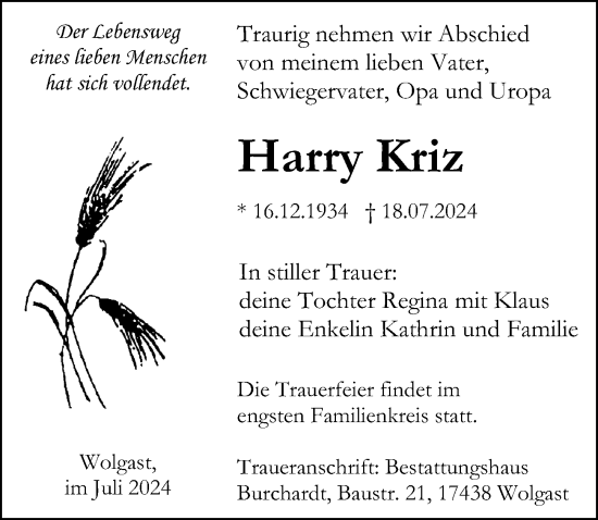 Traueranzeige von Harry Kriz von Ostsee-Zeitung GmbH
