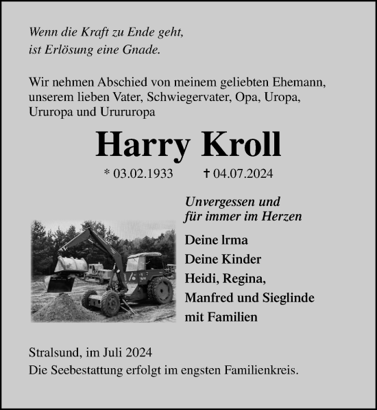 Traueranzeige von Harry Kroll von Ostsee-Zeitung GmbH