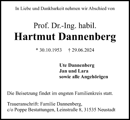 Traueranzeige von Hartmut Dannenberg von Hannoversche Allgemeine Zeitung/Neue Presse