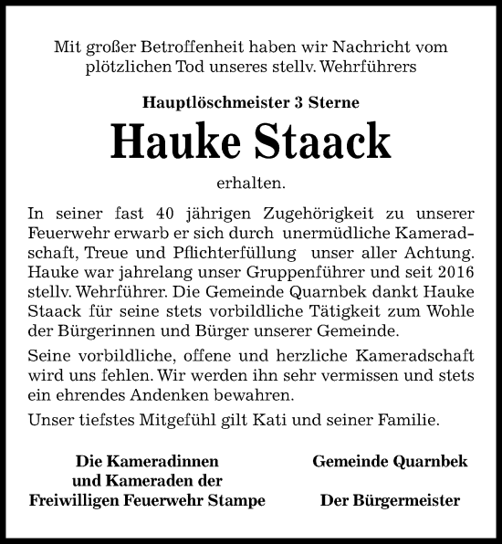 Traueranzeige von Hauke Staack von Kieler Nachrichten