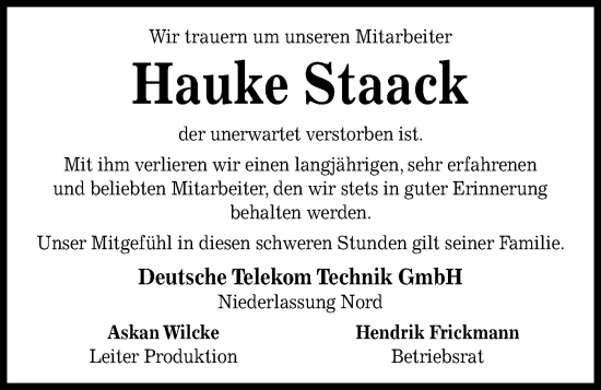 Traueranzeige von Hauke Staack von Kieler Nachrichten
