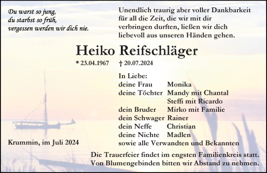 Traueranzeige von Heiko Reifschläger von Ostsee-Zeitung GmbH