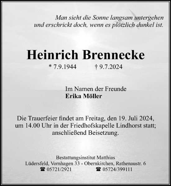 Traueranzeige von Heinrich Brennecke von Schaumburger Nachrichten
