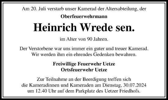 Traueranzeige von Heinrich Wrede von Hannoversche Allgemeine Zeitung/Neue Presse