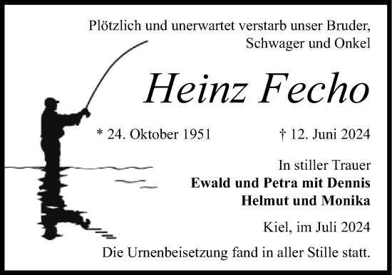 Traueranzeige von Heinz Fecho von Kieler Nachrichten