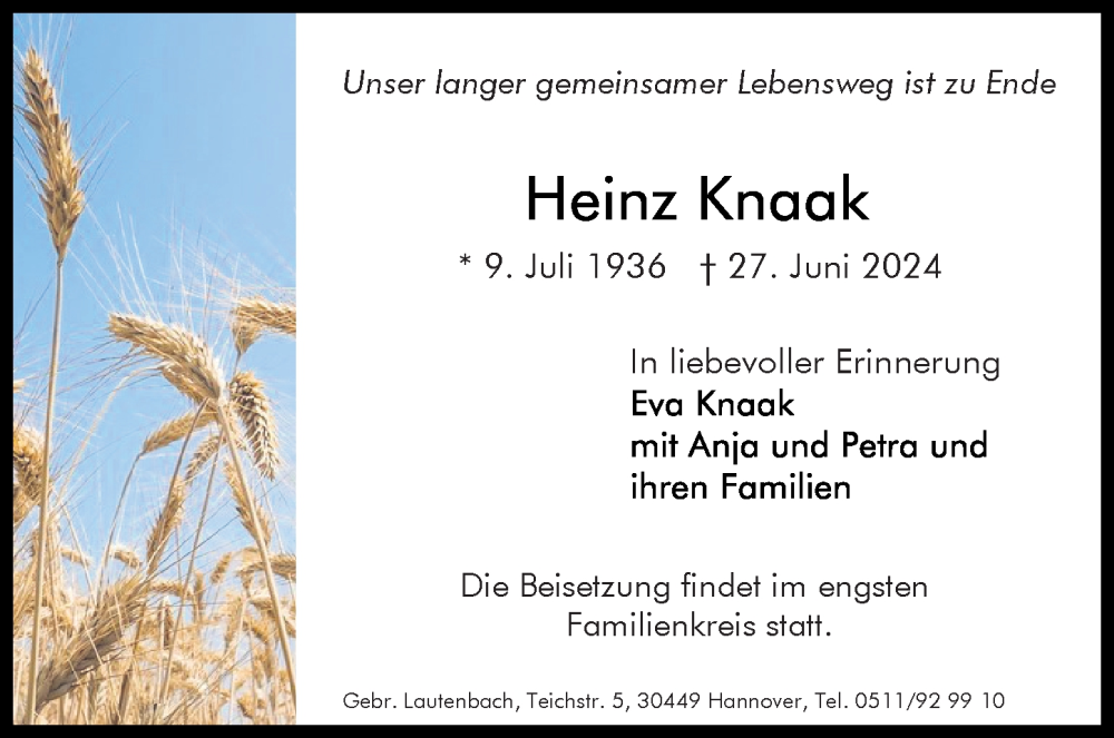  Traueranzeige für Heinz Knaak vom 06.07.2024 aus Hannoversche Allgemeine Zeitung/Neue Presse