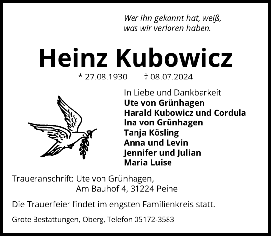 Traueranzeige von Heinz Kubowicz von Peiner Allgemeine Zeitung