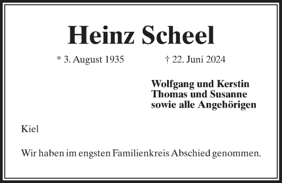 Traueranzeige von Heinz Scheel von Kieler Nachrichten