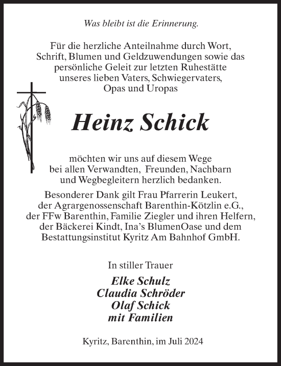 Traueranzeige von Heinz Schick von Wochenspiegel