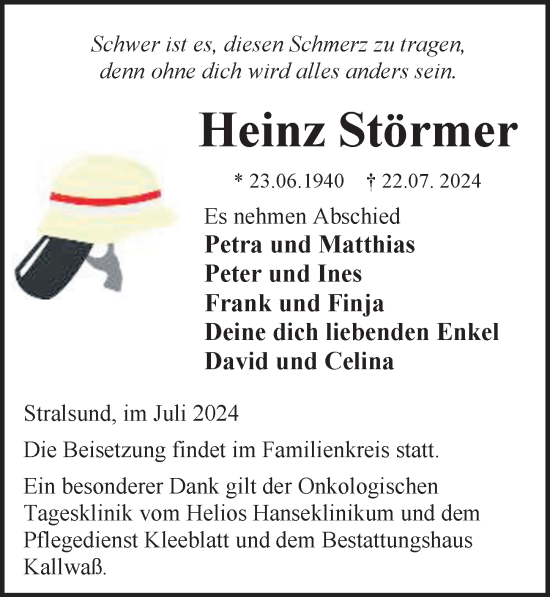 Traueranzeige von Heinz Störmer von Ostsee-Zeitung GmbH
