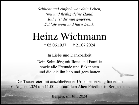 Traueranzeige von Heinz Wichmann von Ostsee-Zeitung GmbH