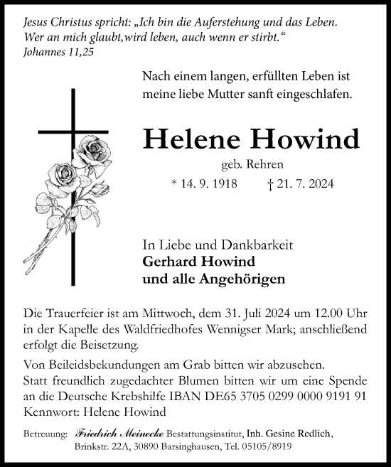 Traueranzeige von Helene Howind von Hannoversche Allgemeine Zeitung/Neue Presse