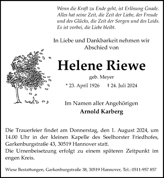 Traueranzeige von Helene Riewe von Hannoversche Allgemeine Zeitung/Neue Presse