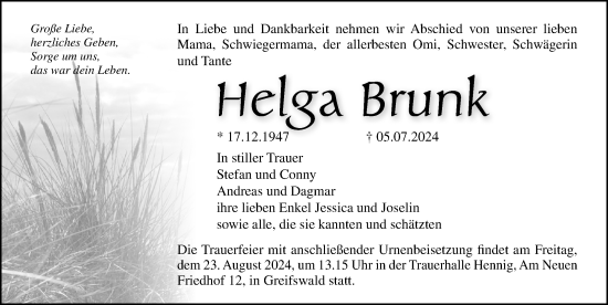 Traueranzeige von Helga Brunk von Ostsee-Zeitung GmbH