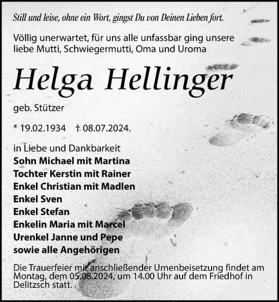 Traueranzeige von Helga Hellinger von Leipziger Volkszeitung