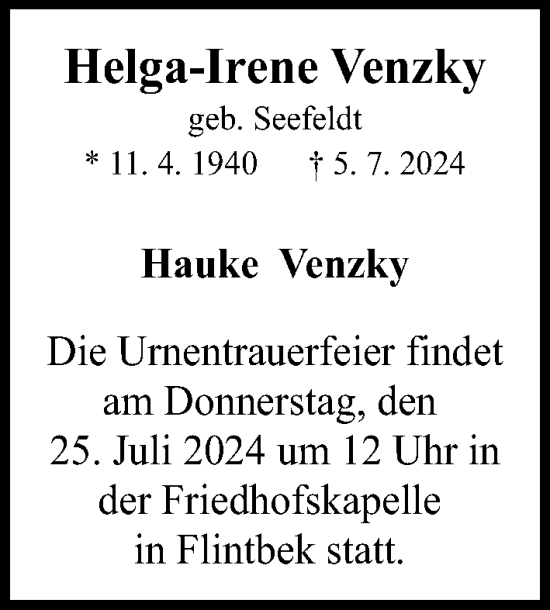 Traueranzeige von Helga-Irene Venzky von Kieler Nachrichten